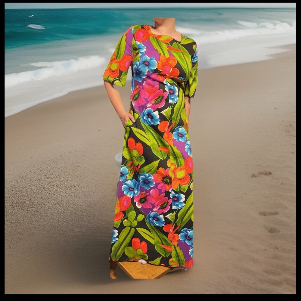 Vintage Alice Polynesian 60s 70s Hawaiian Floral Women hippie ILGWU EX Maxi